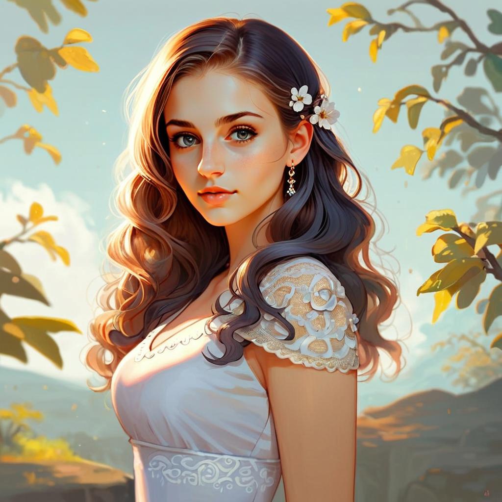 Young Woman in Lace Dress with Flowers in Autumn