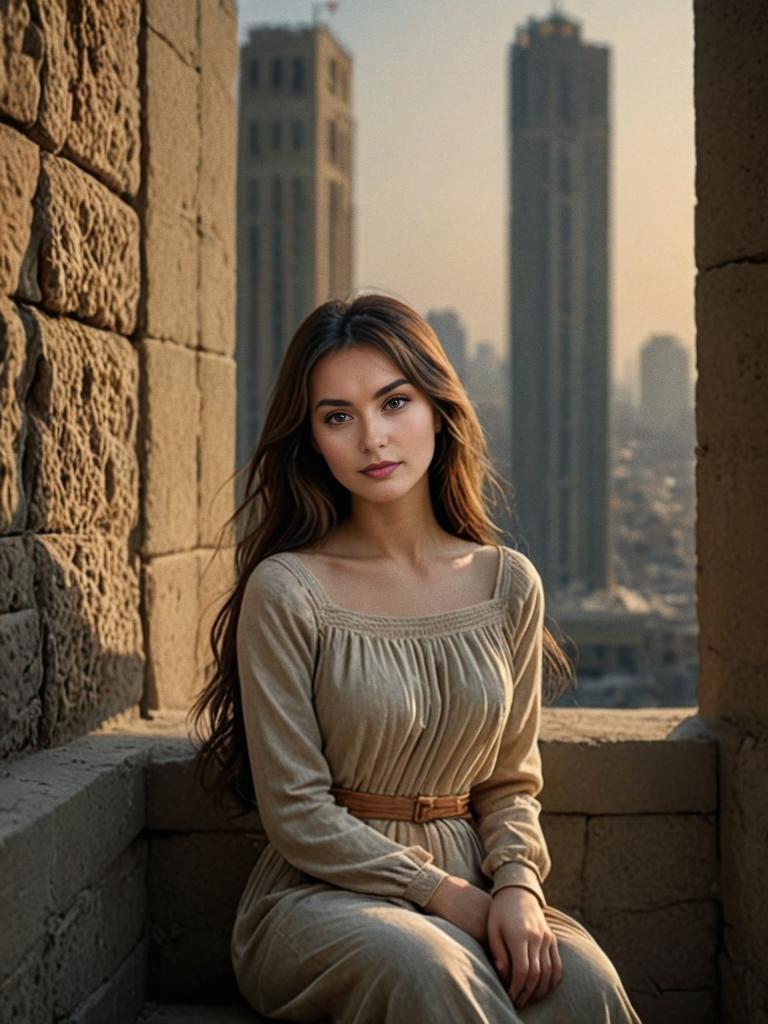 Woman in Belted Dress by Stone Wall at Sunset