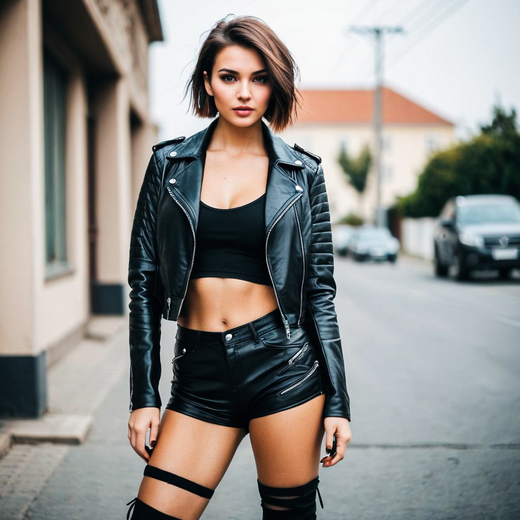 Confident Woman in Black Leather Jacket