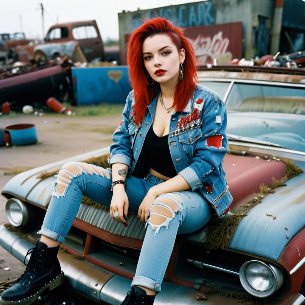 Red-Haired Woman on Rusted Car in Junkyard