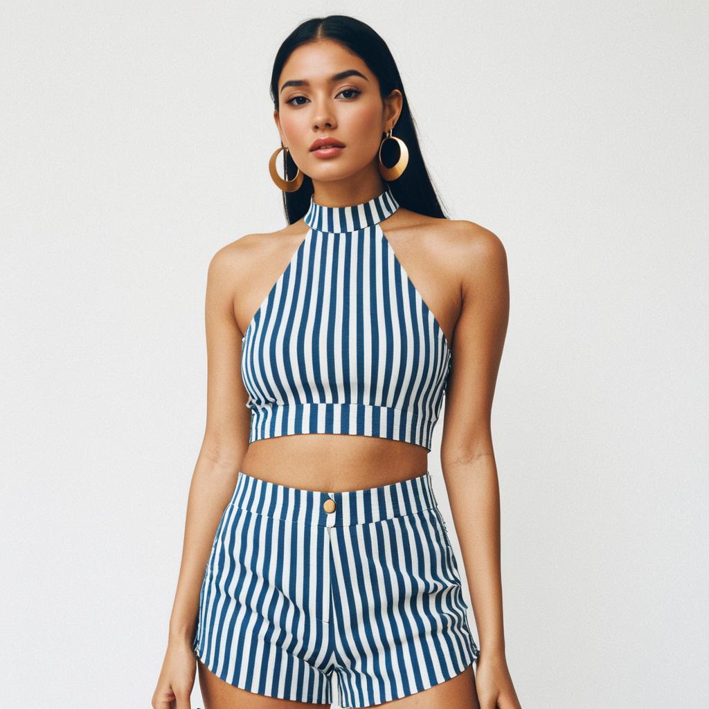 Contemporary Summer Style Woman in Striped Halterneck Crop Top and Shorts