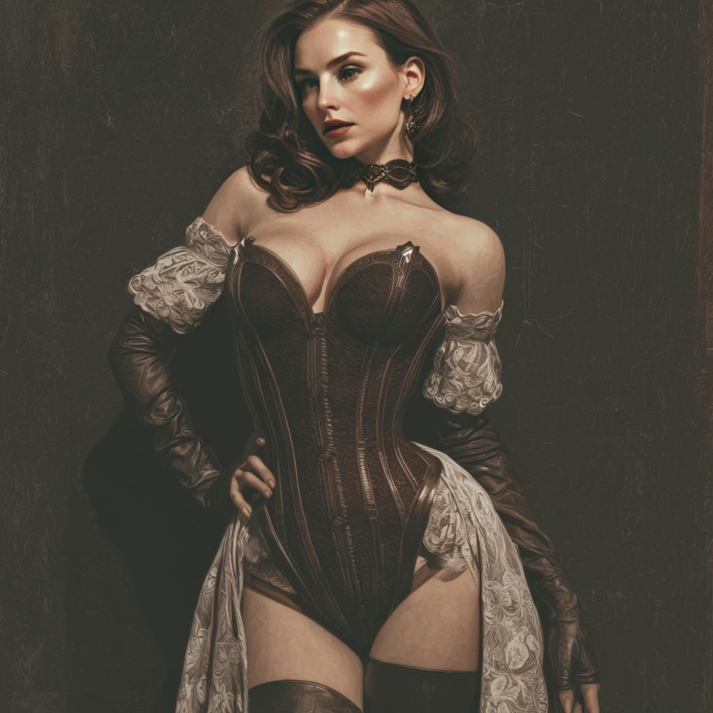 Elegant Woman in Vintage Leather Corset with Lace Sleeves