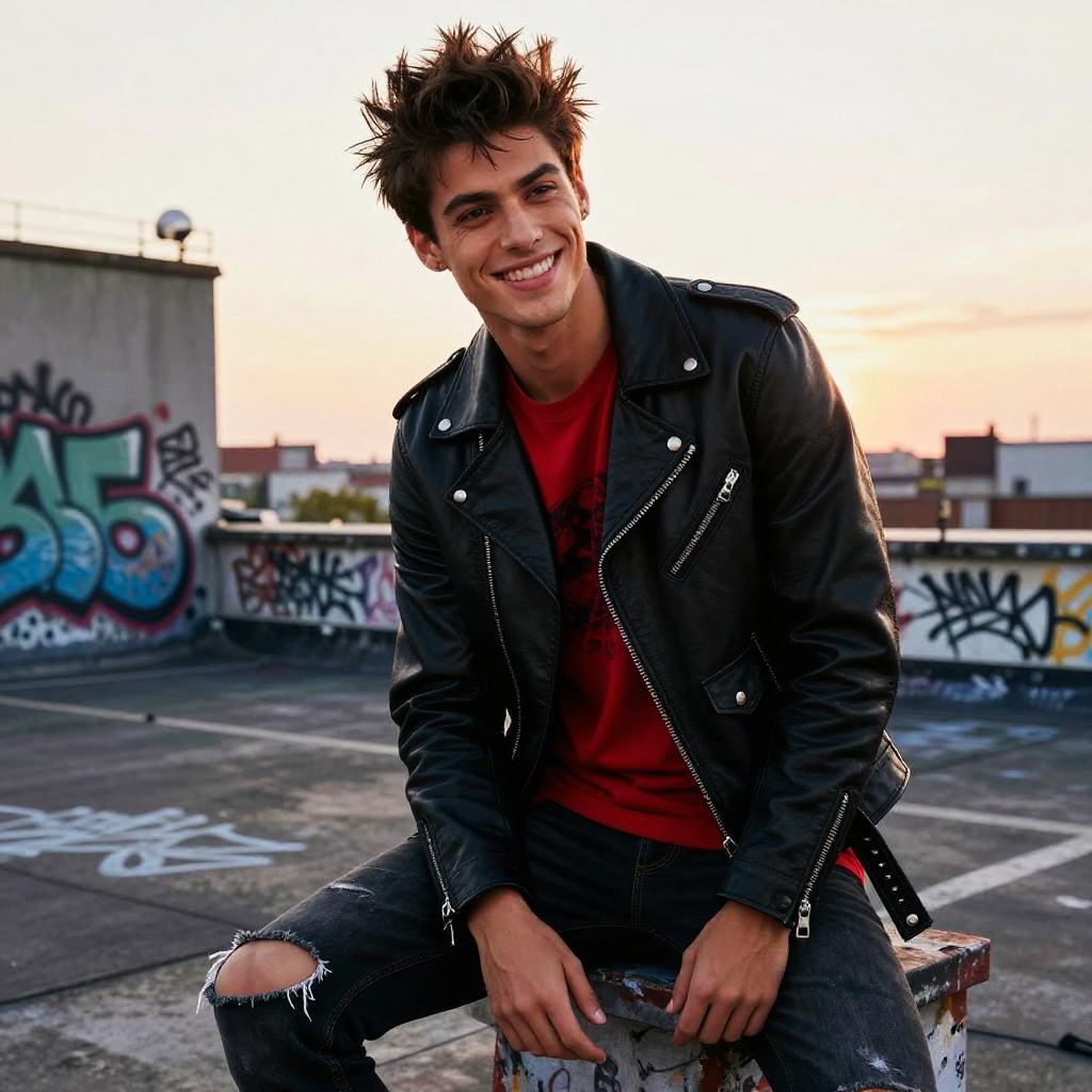 Gen Z Young Man Wearing Leather Jacket Sitting on Graffiti Rooftop