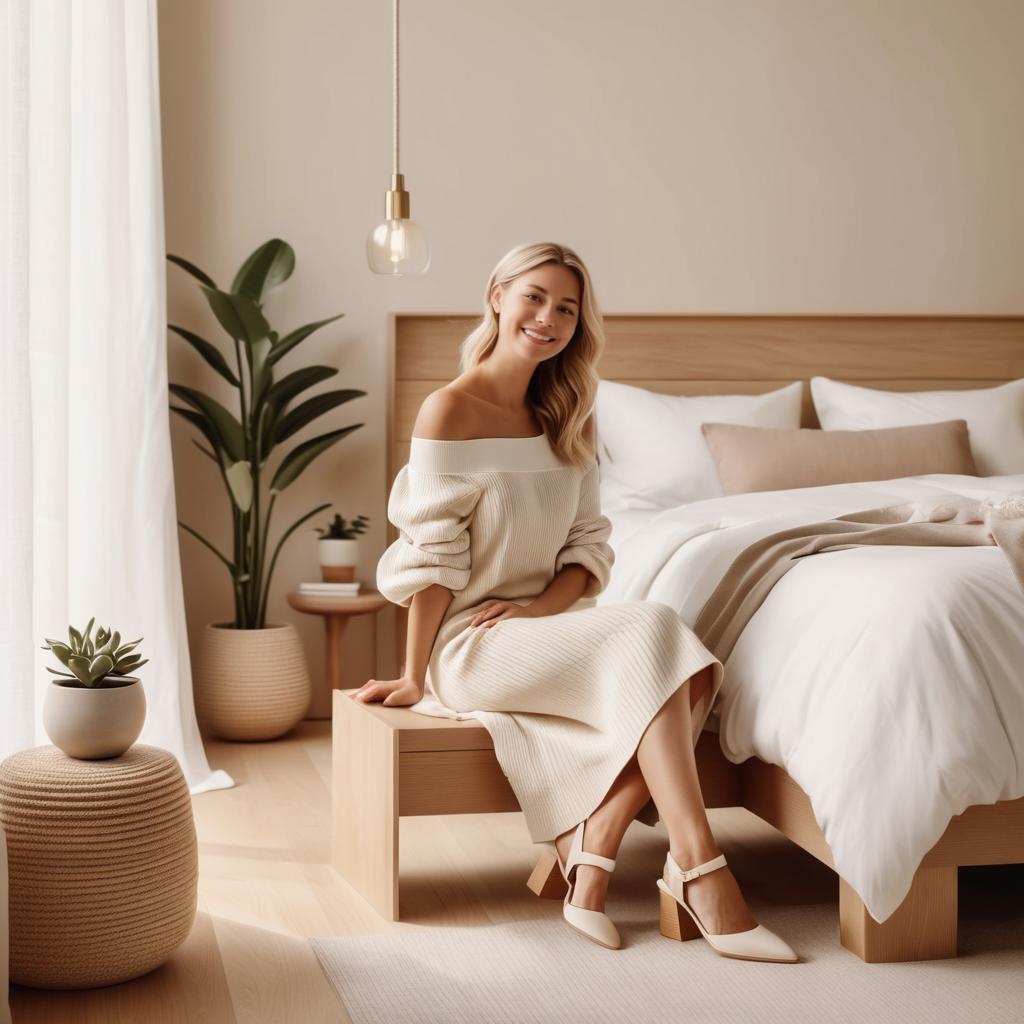 Elegant Woman in Cream Dress Sitting in Minimalist Bedroom
