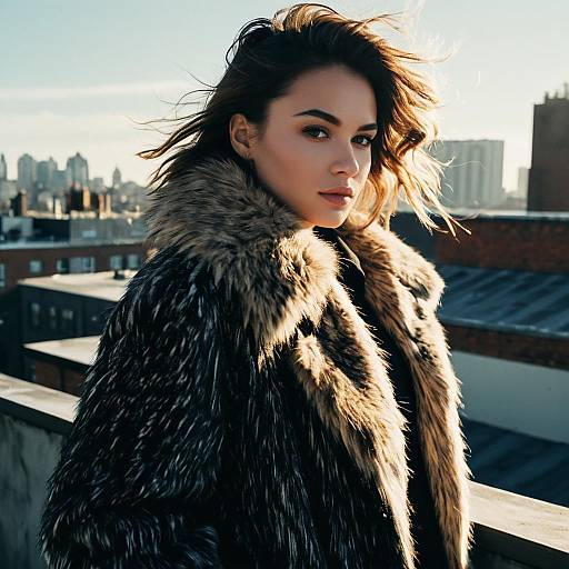Stylish Woman in Fur Coat on Urban Rooftop with City Skyline