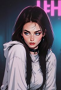 Young Woman in Hoodie with Neon Cyberpunk Aesthetic