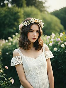 Young Woman in White Lace Dress with Floral Crown in Garden