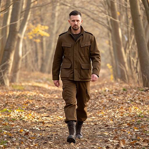 Man in Brown Tactical Outfit Walking on Forest Path in Autumn