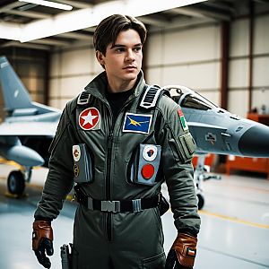 Adult Fighter Jet Pilot Costume with Realistic Military Jet in Hangar