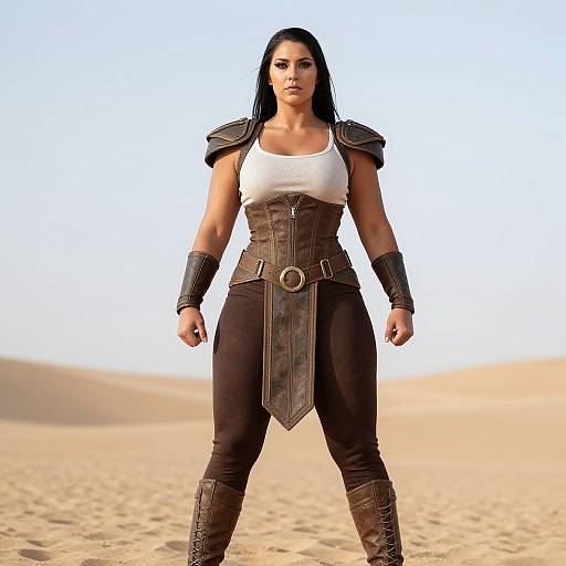 Female Warrior in Leather Armor Standing in Desert