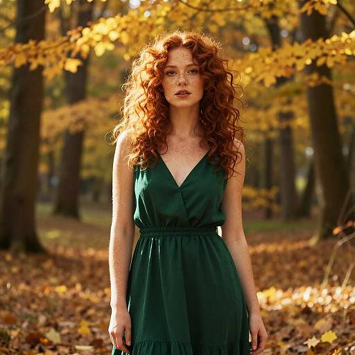 Young Woman with Curly Red Hair in Green Dress Among Autumn Trees