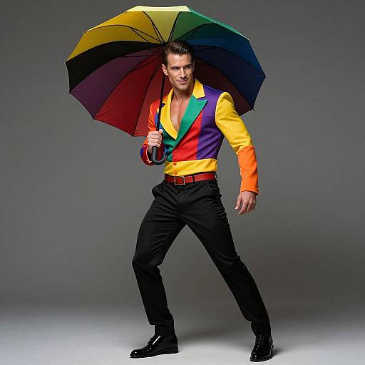 Man Wearing Colorful Blazer Holding Rainbow Umbrella in Studio