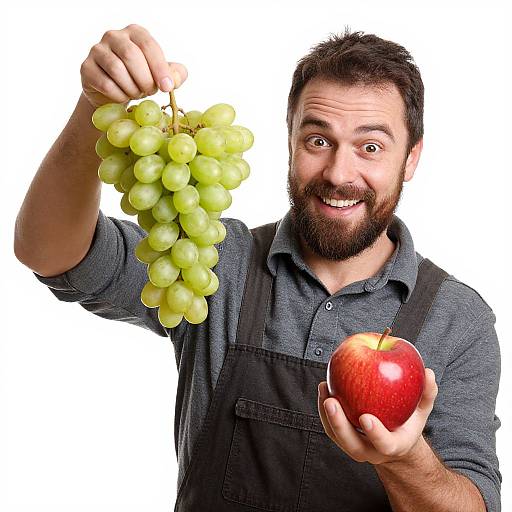 Happy Man Holding Green Grapes and Red Apple