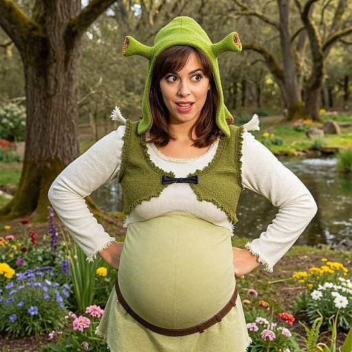 Pregnant Woman in Shrek Inspired Costume Outdoors in Flower Garden