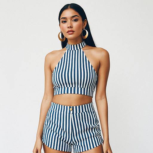 Contemporary Summer Style Woman in Striped Halterneck Crop Top and Shorts