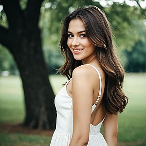 Young Woman in White Dress Smiling in Park