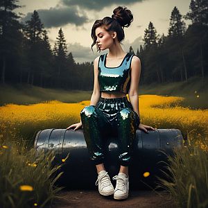 Young Woman in Sparkling Green Outfit on Barrel in Nature