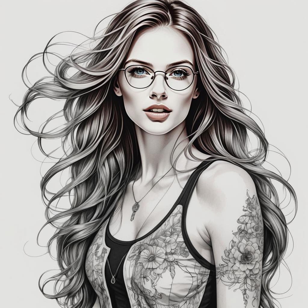 Digital Portrait of Woman with Floral Tattoos and Glasses