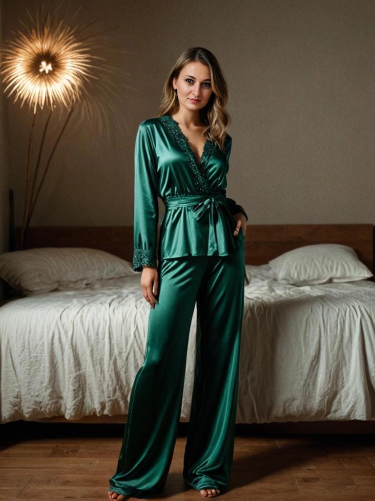 Elegant Woman in Green Satin Outfit