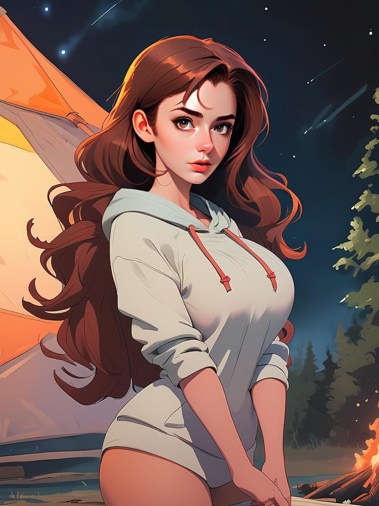 Anime Style Woman by Campfire Under Starry Night
