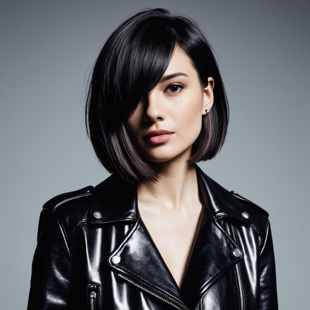 Stylish Young Woman in Black Leather Biker Jacket with Bob Haircut