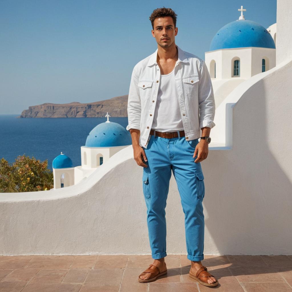 Stylish Man on Sunlit Terrace in Santorini