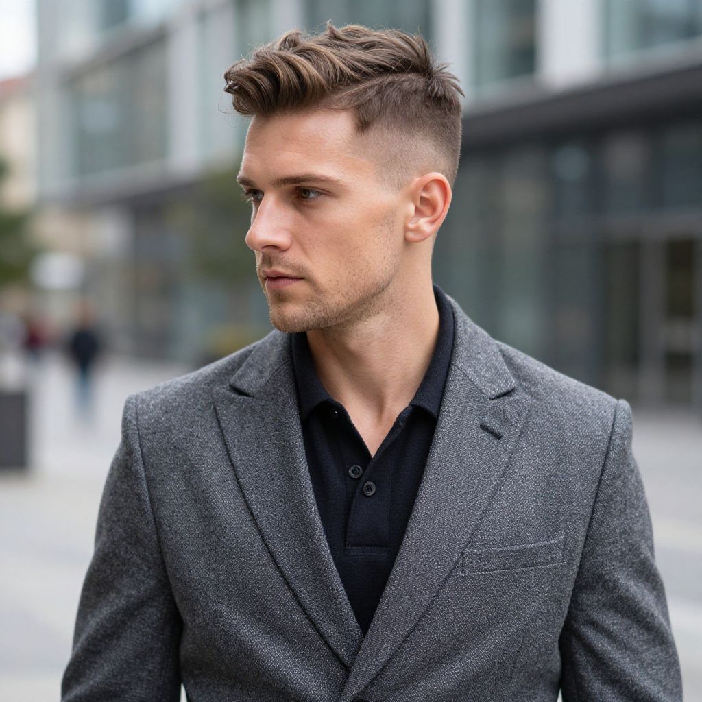 Portrait of Young Man in Grey Blazer with Modern Urban Background