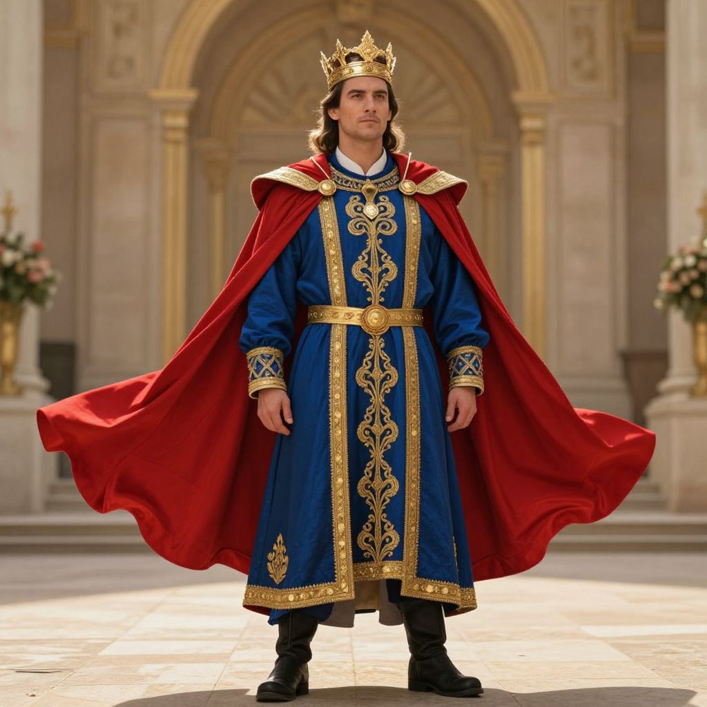 Man Wearing Royal King's Costume with Red Cape and Crown