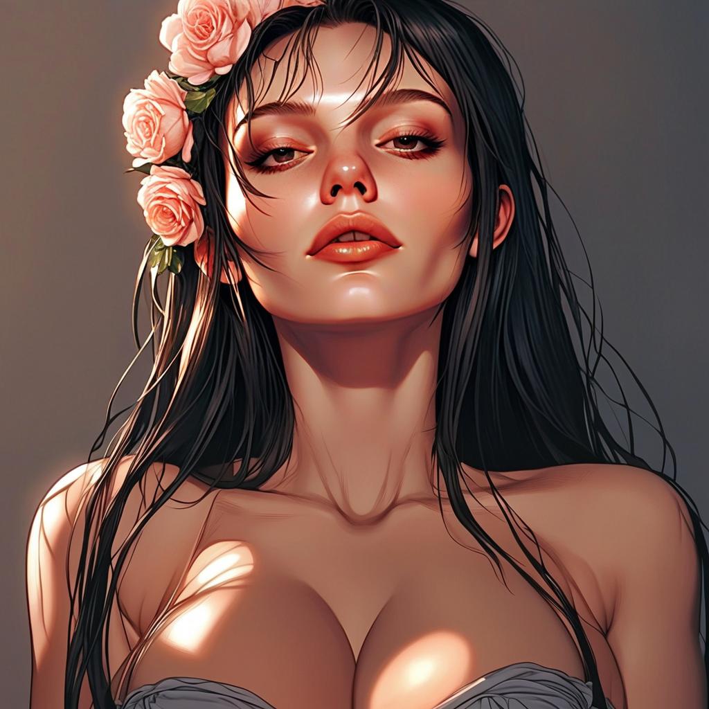 Digital Portrait of a Woman with Pink Roses in Hair