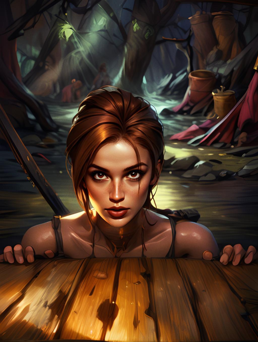 Woman Climbing Out of Dark Cave in Fantasy Digital Art