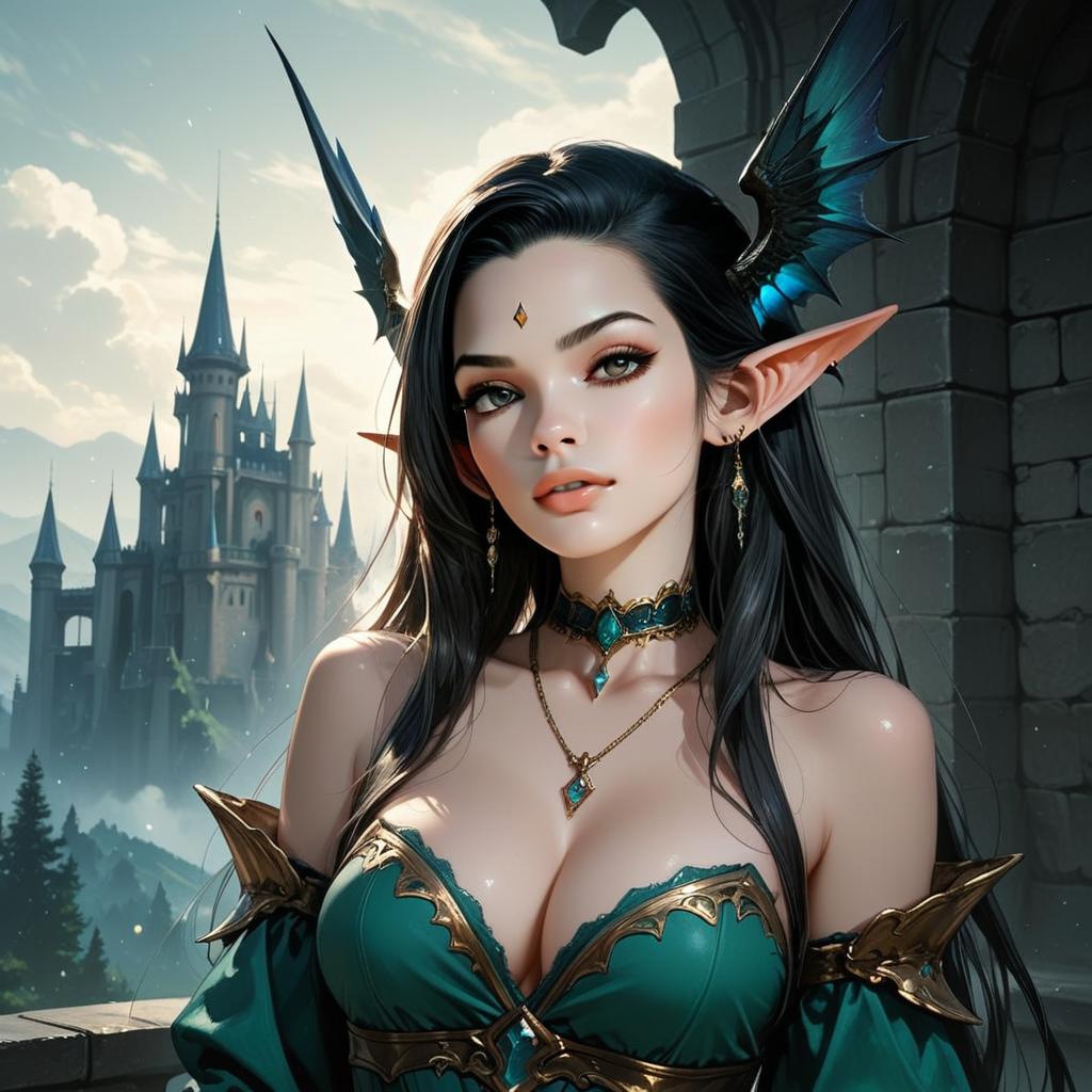 Fantasy Woman with Emerald Armor and Castle Background Illustration