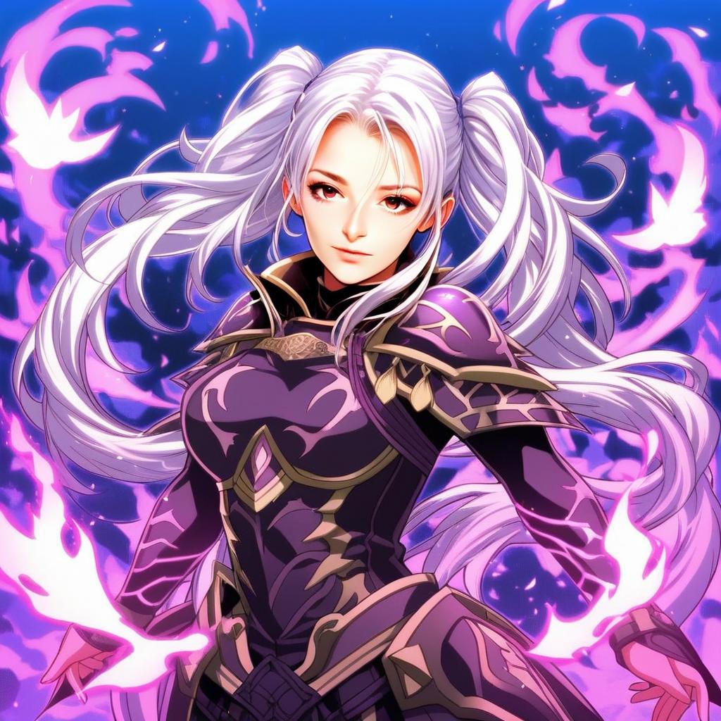 Fantasy Anime Woman in Purple Armor with Silver Hair and Magical Flames Fire Emblem Style