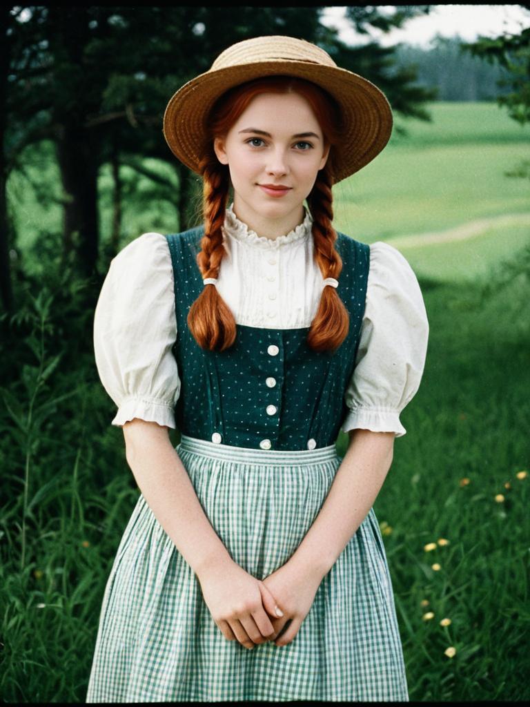Anne of Green Gables Style Young Woman in Vintage Dress and Straw Hat