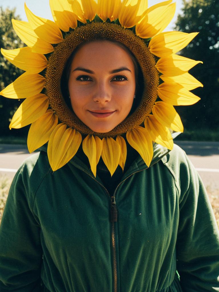 Woman Wearing Photorealistic Sunflower Costume Outdoor Portrait