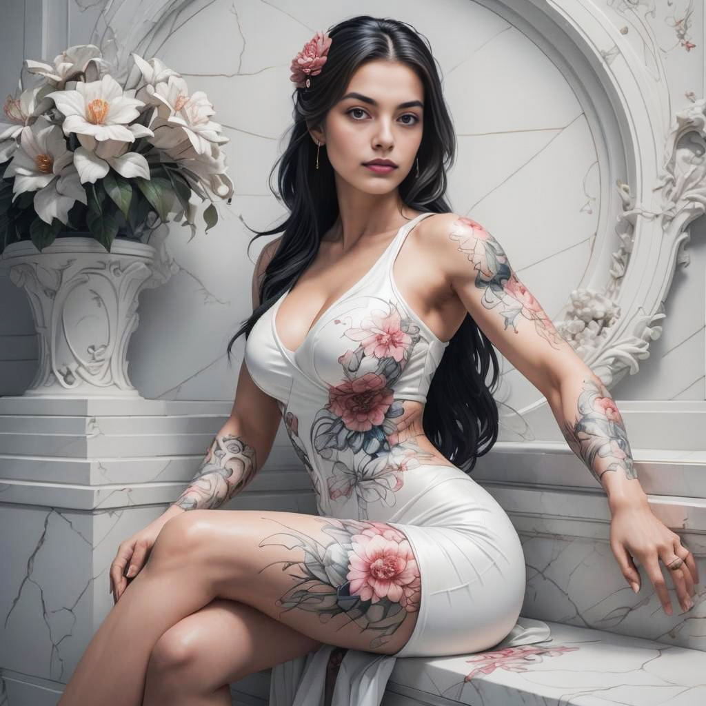 Elegant Woman in White Dress with Floral Tattoos Elegant Woman in White Dress with Floral Tattoos