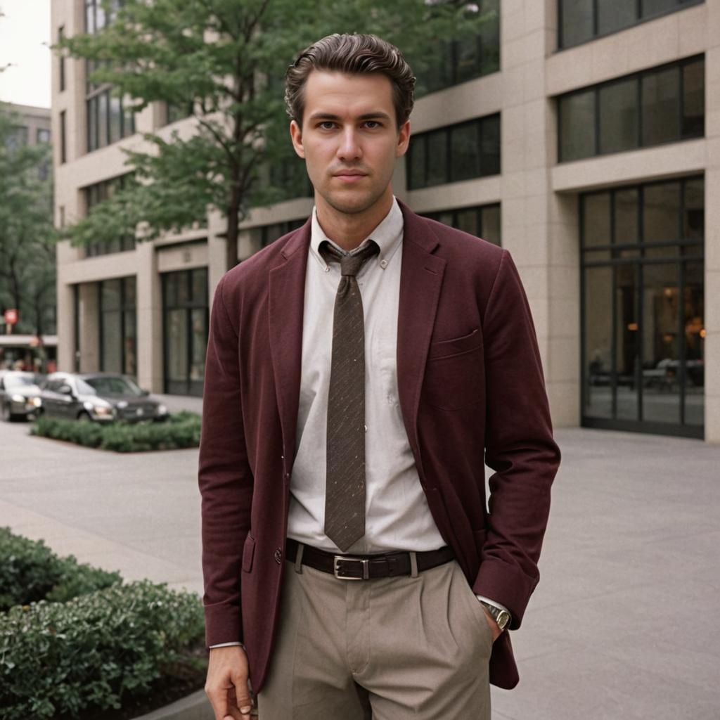 Confident Man in Maroon Blazer Against Urban Background