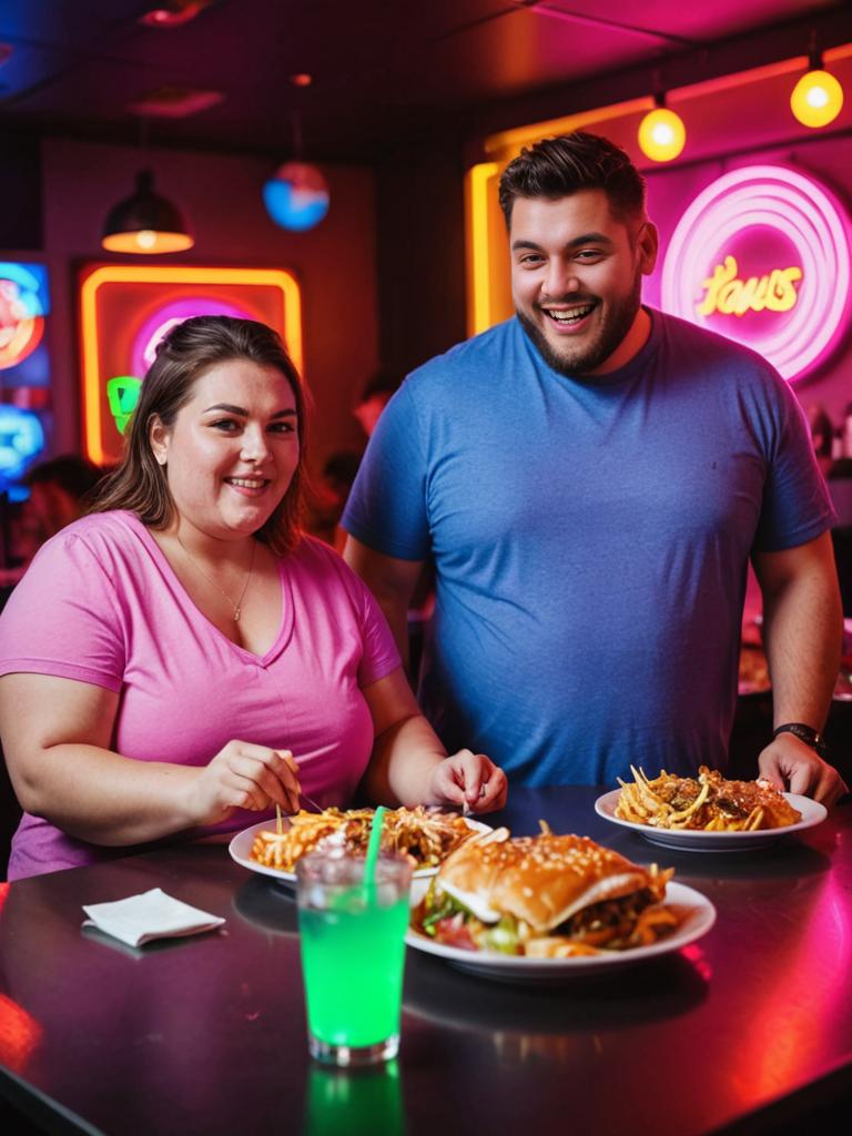 Couple Enjoying Unhealthy Meal in Vibrant Restaurant