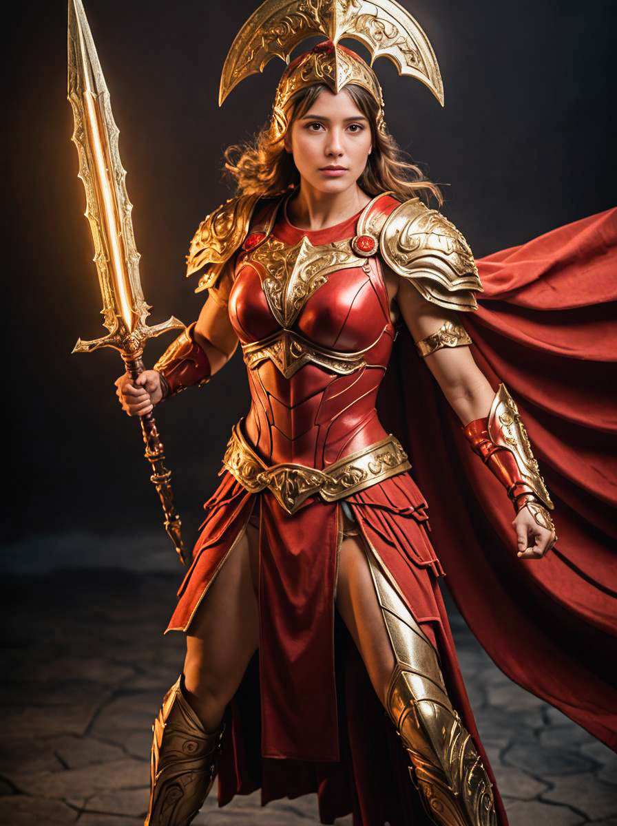 Woman in Ares Costume with Gold Armor and Red Cape