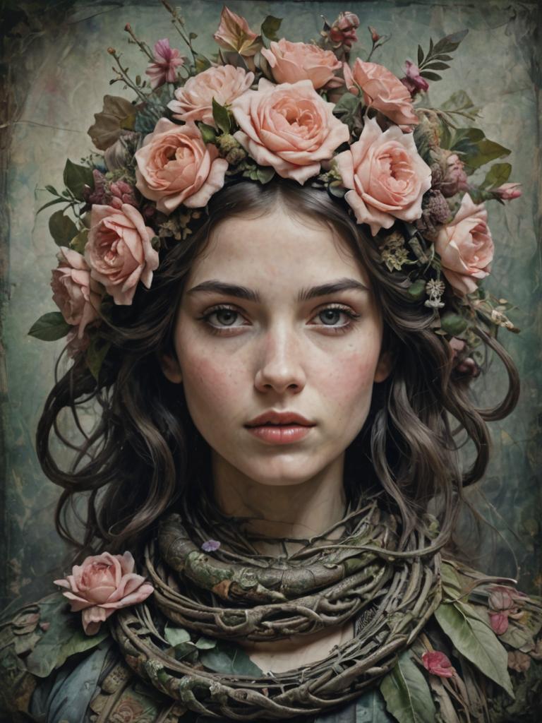 Beautiful Woman with Flower Crown and Snakes