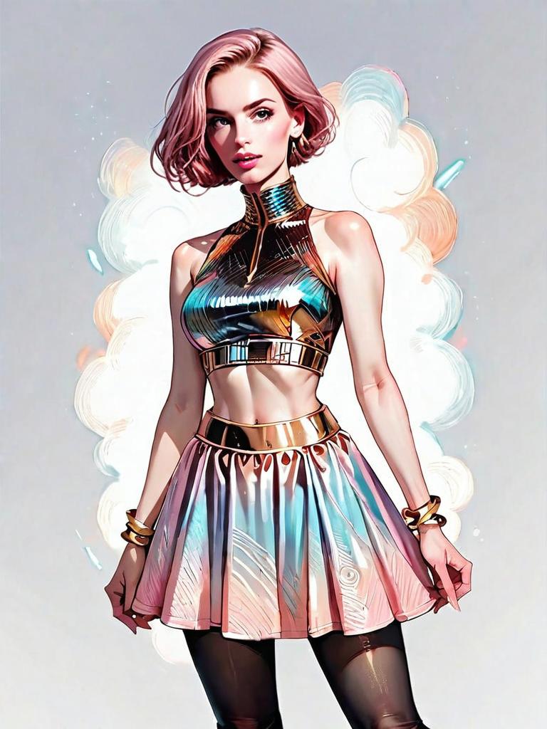 Realistic Comic Style Woman in Metallic Glam Outfit Full Body Shot