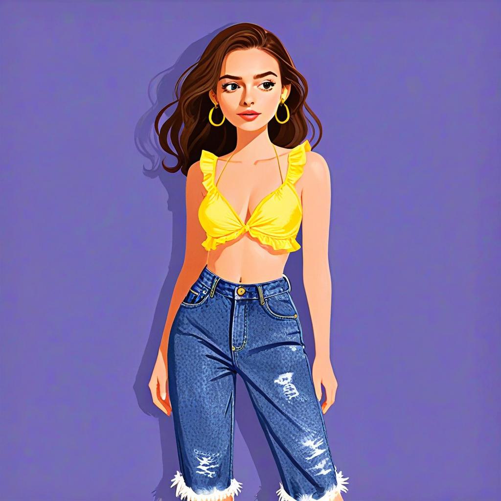 Stylish Woman in Yellow Wrap Bikini Top and Distressed Denim Jeans Illustration