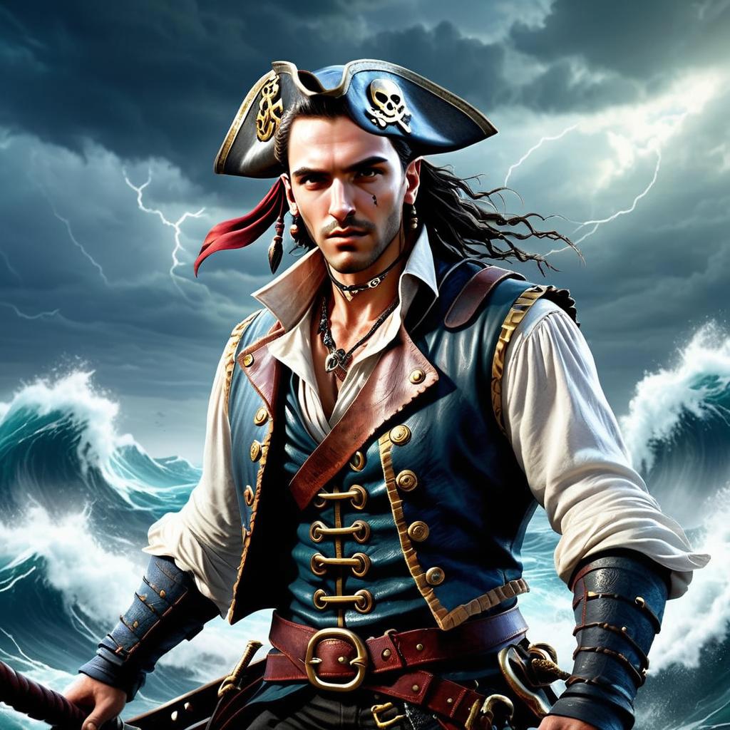 Fierce Pirate Illustration Against Stormy Ocean