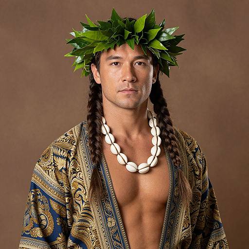 Portrait of Man Wearing Traditional Leaf Crown and Shell Necklace
