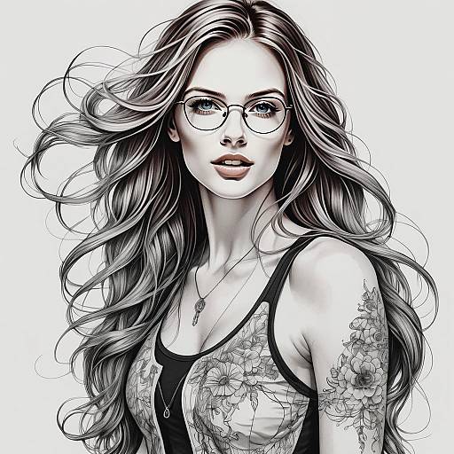Digital Portrait of Woman with Floral Tattoos and Glasses