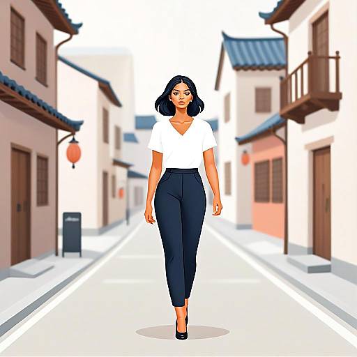 Stylish Woman Walking in Modern Street with Traditional Architecture
