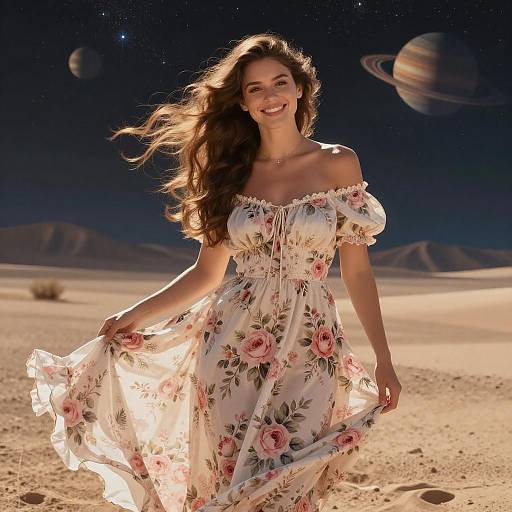 Joyful Woman in Floral Dress with Cosmic Desert Background