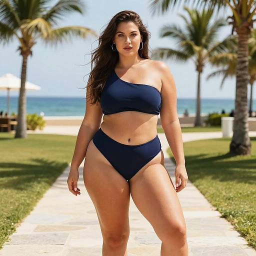 Confident Woman in Navy Blue One-Shoulder Bikini on Beach Pathway