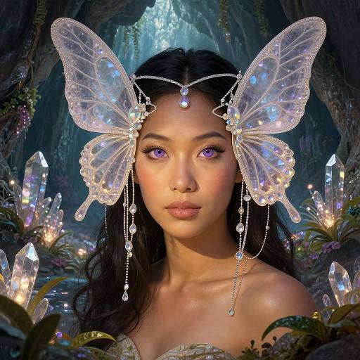 Ethereal Woman with Butterfly Wings Headpiece in Mystical Crystal Forest