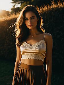 Elegant Woman in Satin Crop Top and Pleated Skirt at Golden Hour