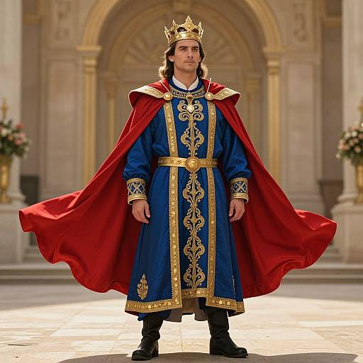 Man Wearing Royal King's Costume with Red Cape and Crown